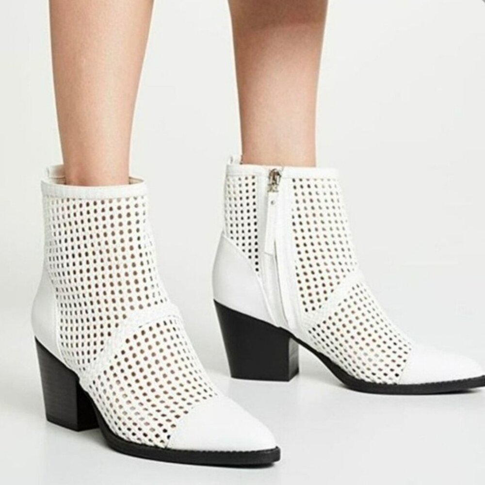 Sam Edelman White Woven Leather Ankle Boots W/ Side Zipper & Block Heel EU 40 US